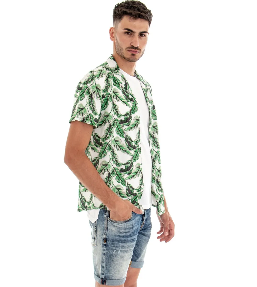 Camicia Manica Corta Uomo Colletto Bianco Fantasia Foglie GIOSAL-CC1093A