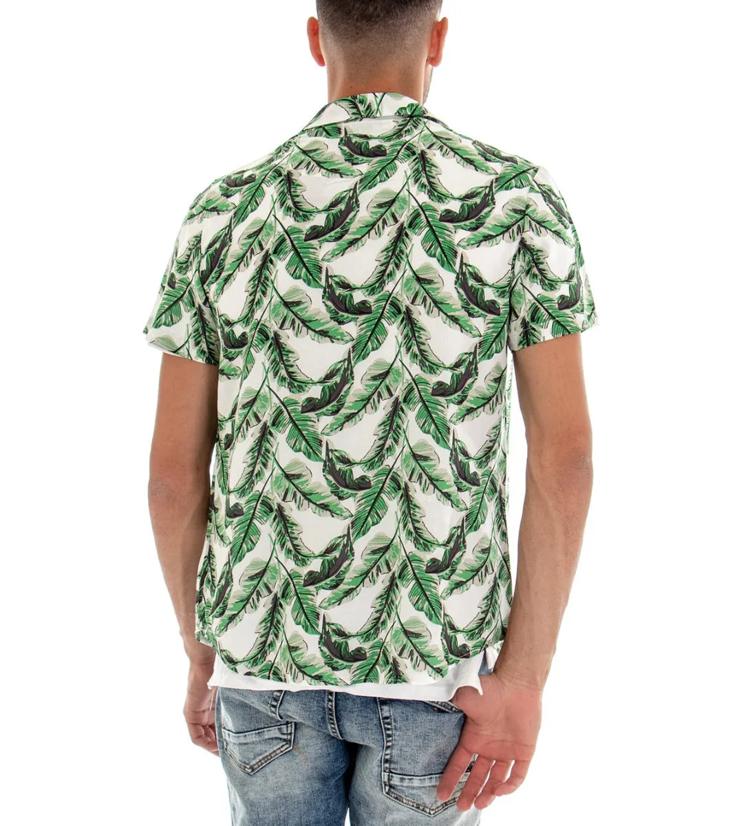 Camicia Manica Corta Uomo Colletto Bianco Fantasia Foglie GIOSAL-CC1093A