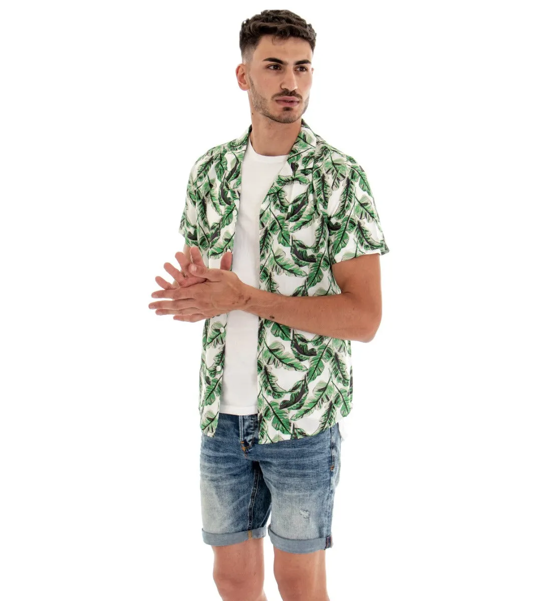 Camicia Manica Corta Uomo Colletto Bianco Fantasia Foglie GIOSAL-CC1093A
