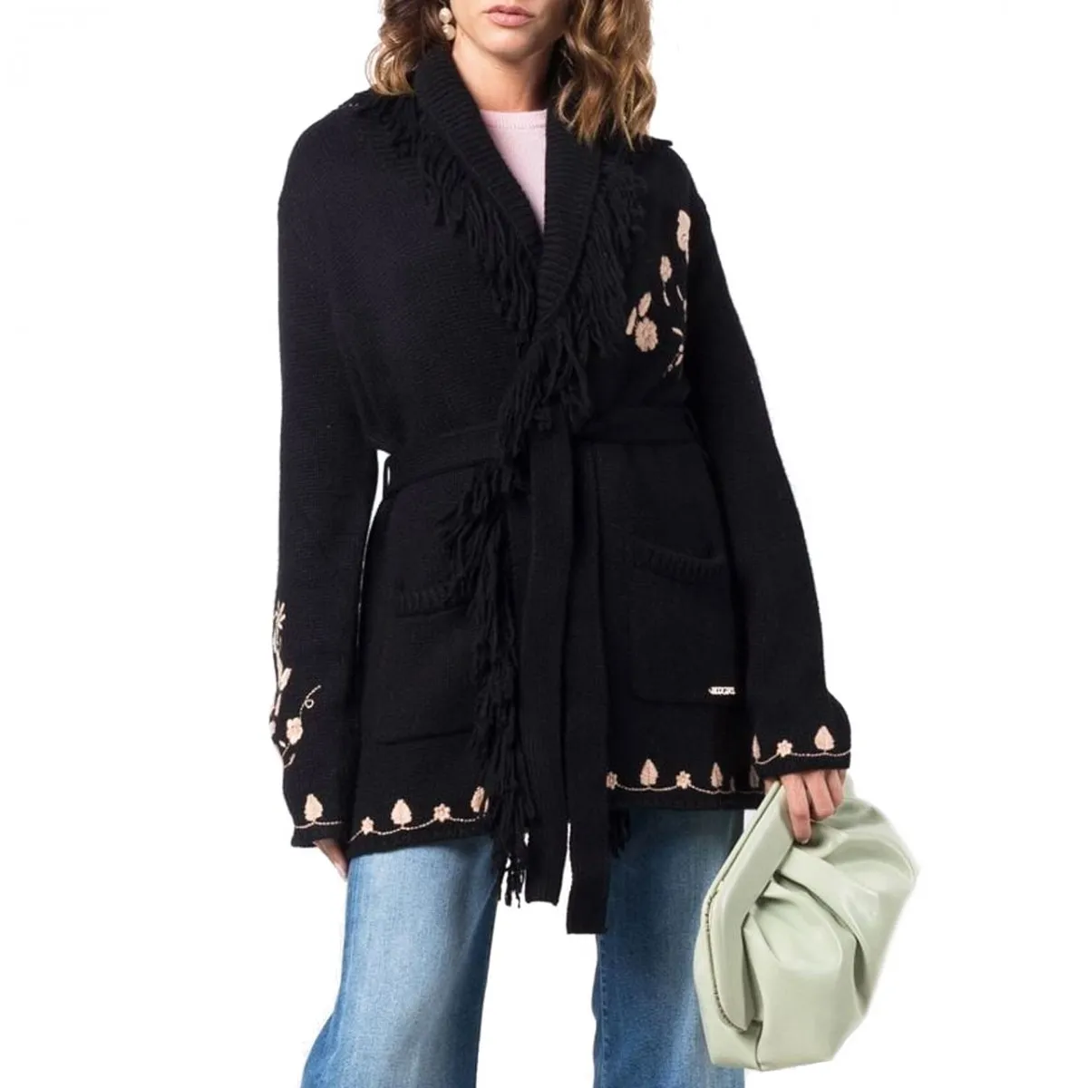 Cardigan Con Ricamo Floreale, Nero