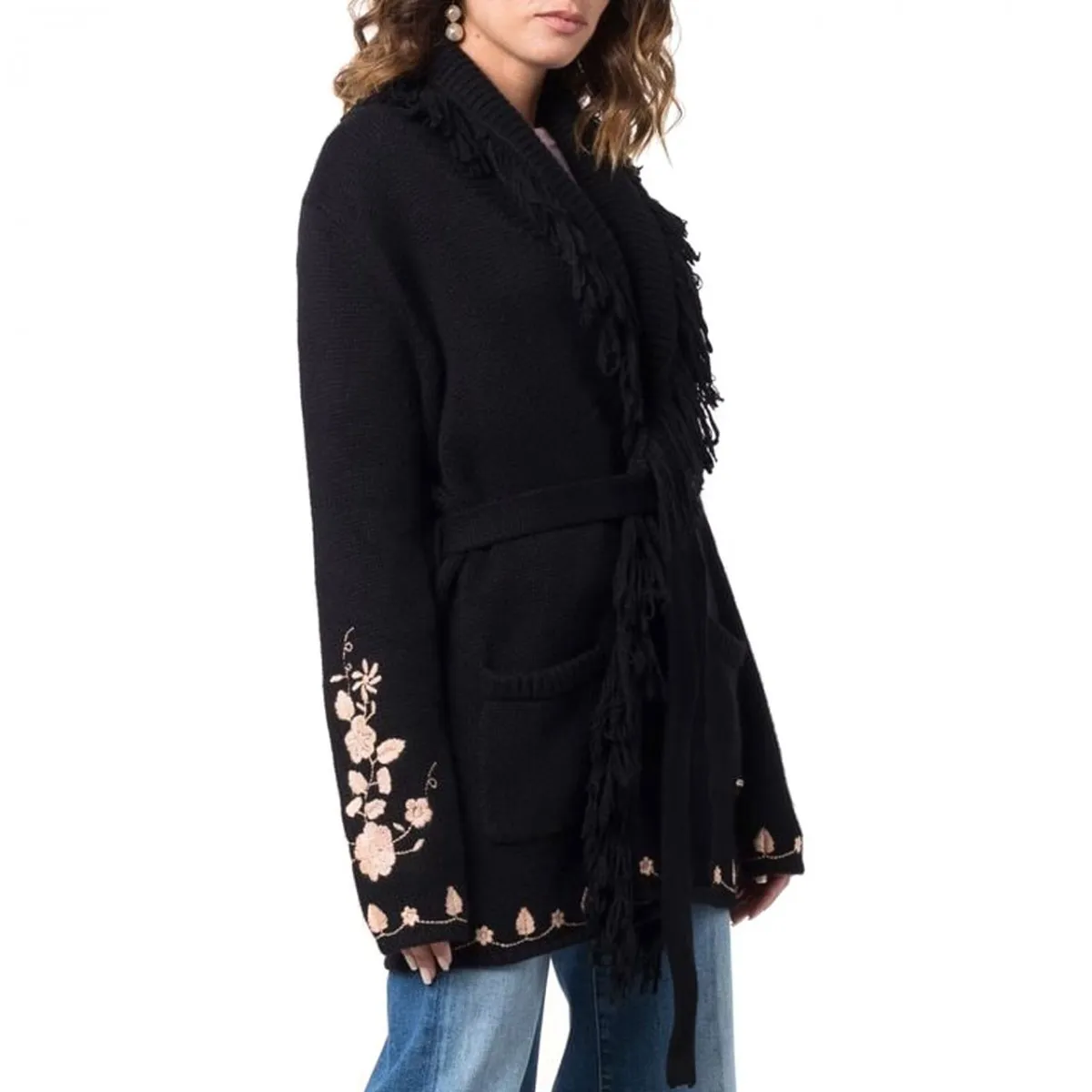 Cardigan Con Ricamo Floreale, Nero