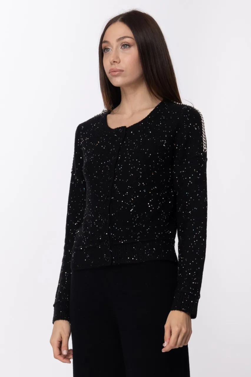 Cardigan corto con lurex e catene Nero
