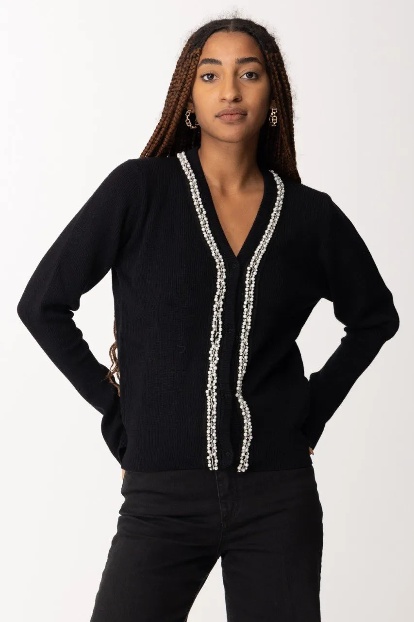 Cardigan corto con strass e perline Nero
