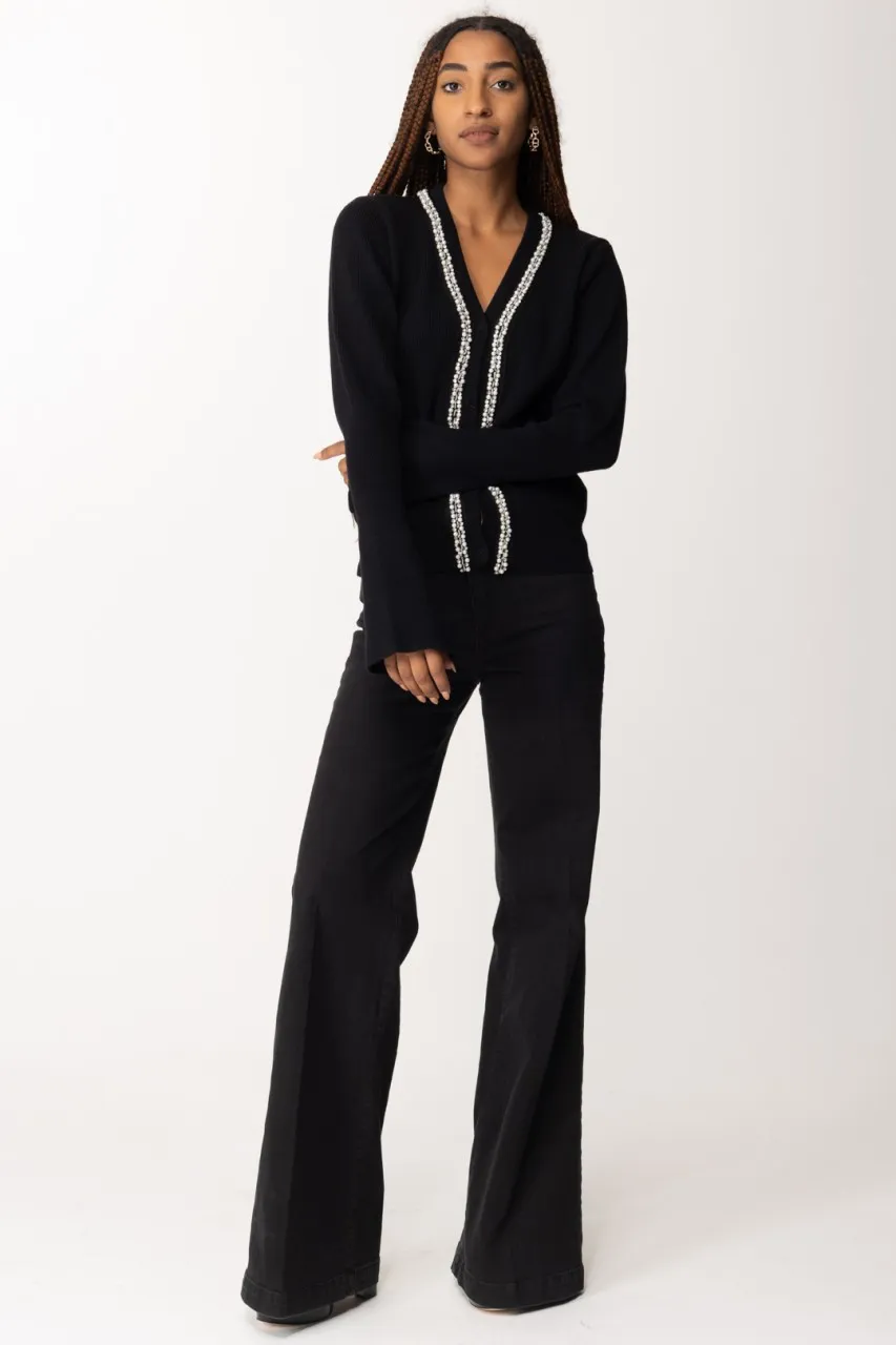 Cardigan corto con strass e perline Nero