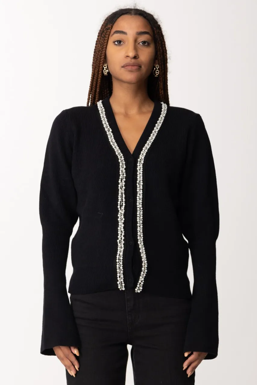 Cardigan corto con strass e perline Nero