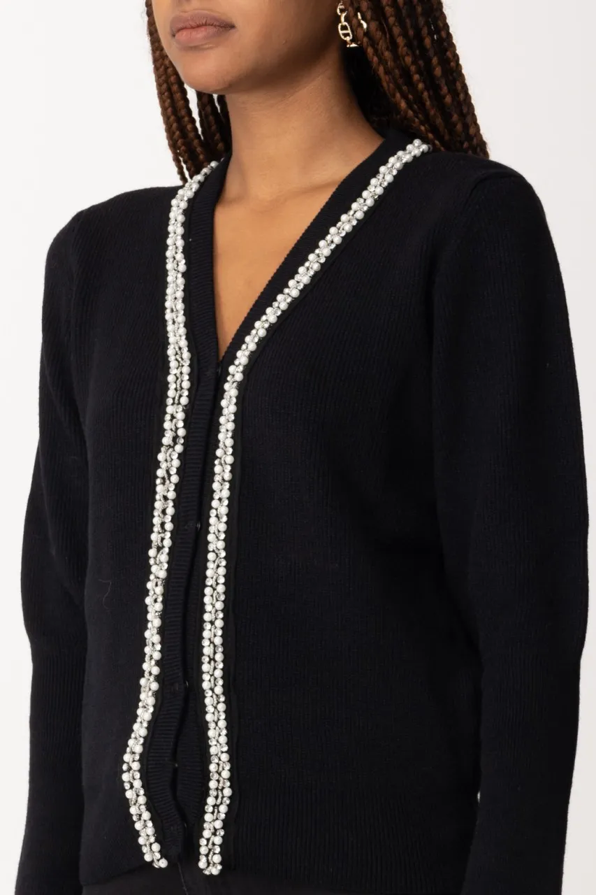 Cardigan corto con strass e perline Nero