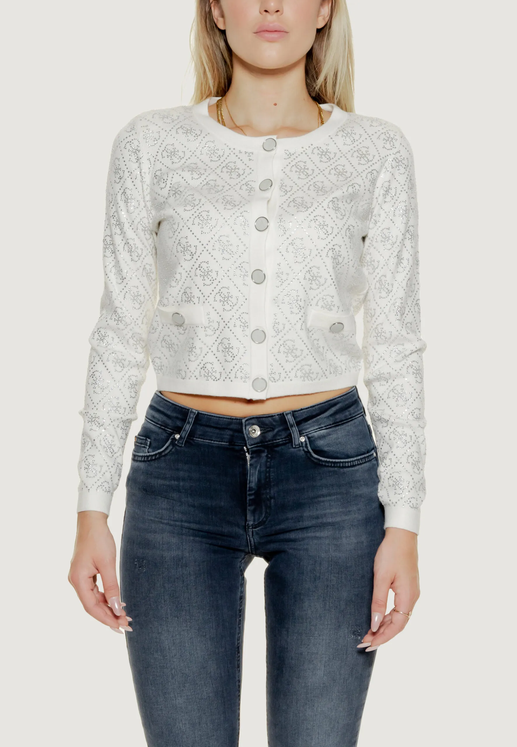 Cardigan Guess PAIGE 4G STONES LS Panna