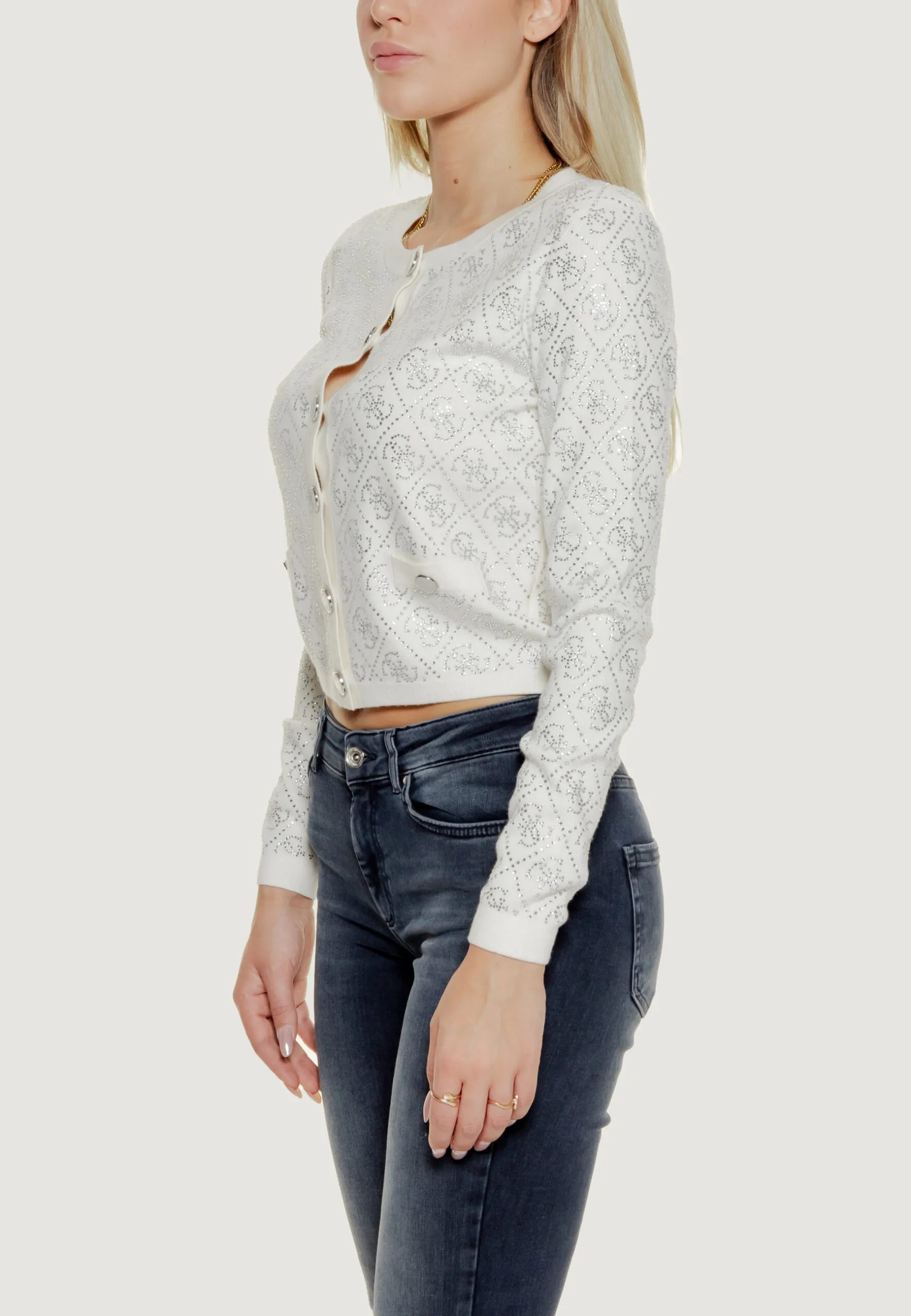 Cardigan Guess PAIGE 4G STONES LS Panna