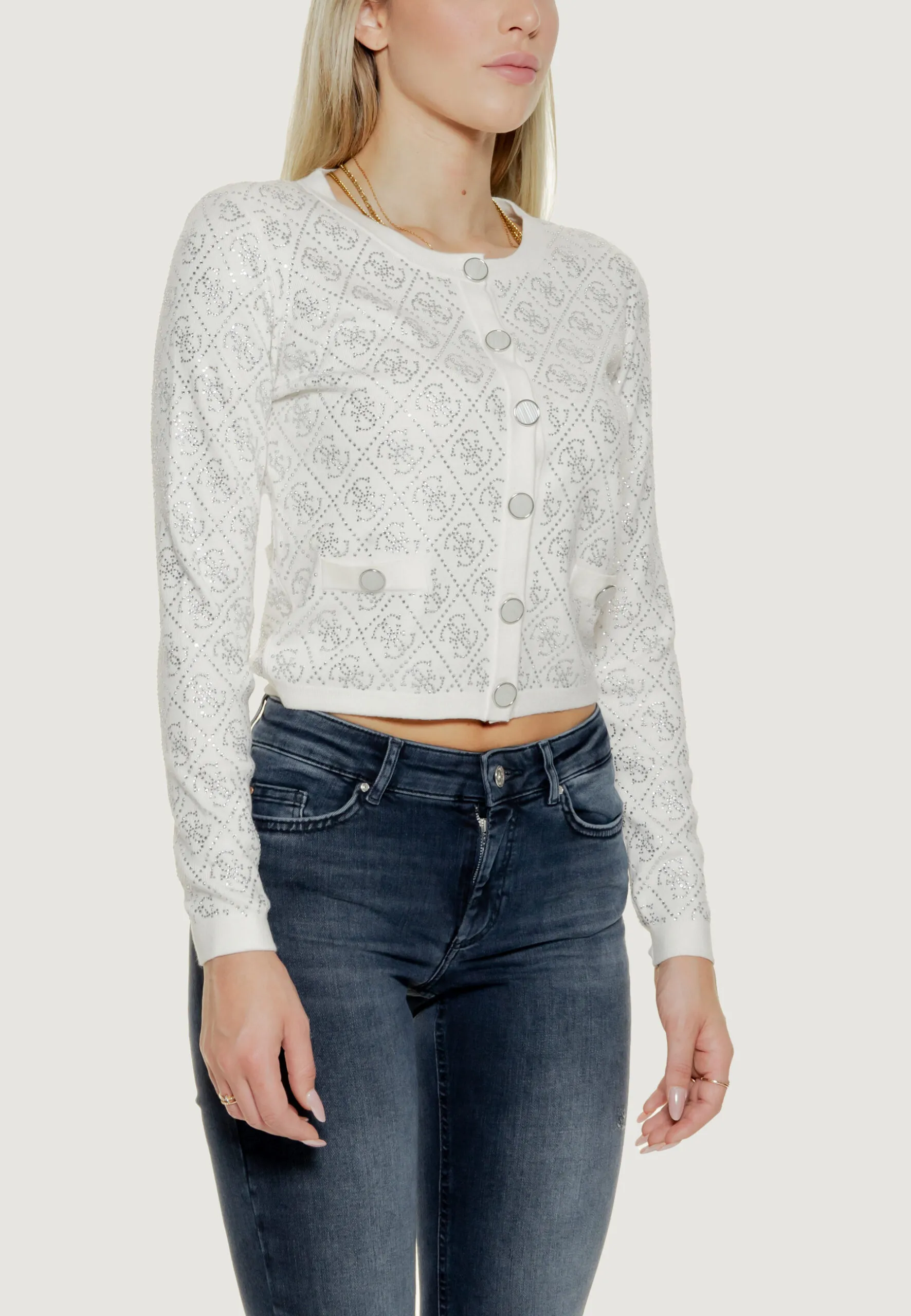 Cardigan Guess PAIGE 4G STONES LS Panna