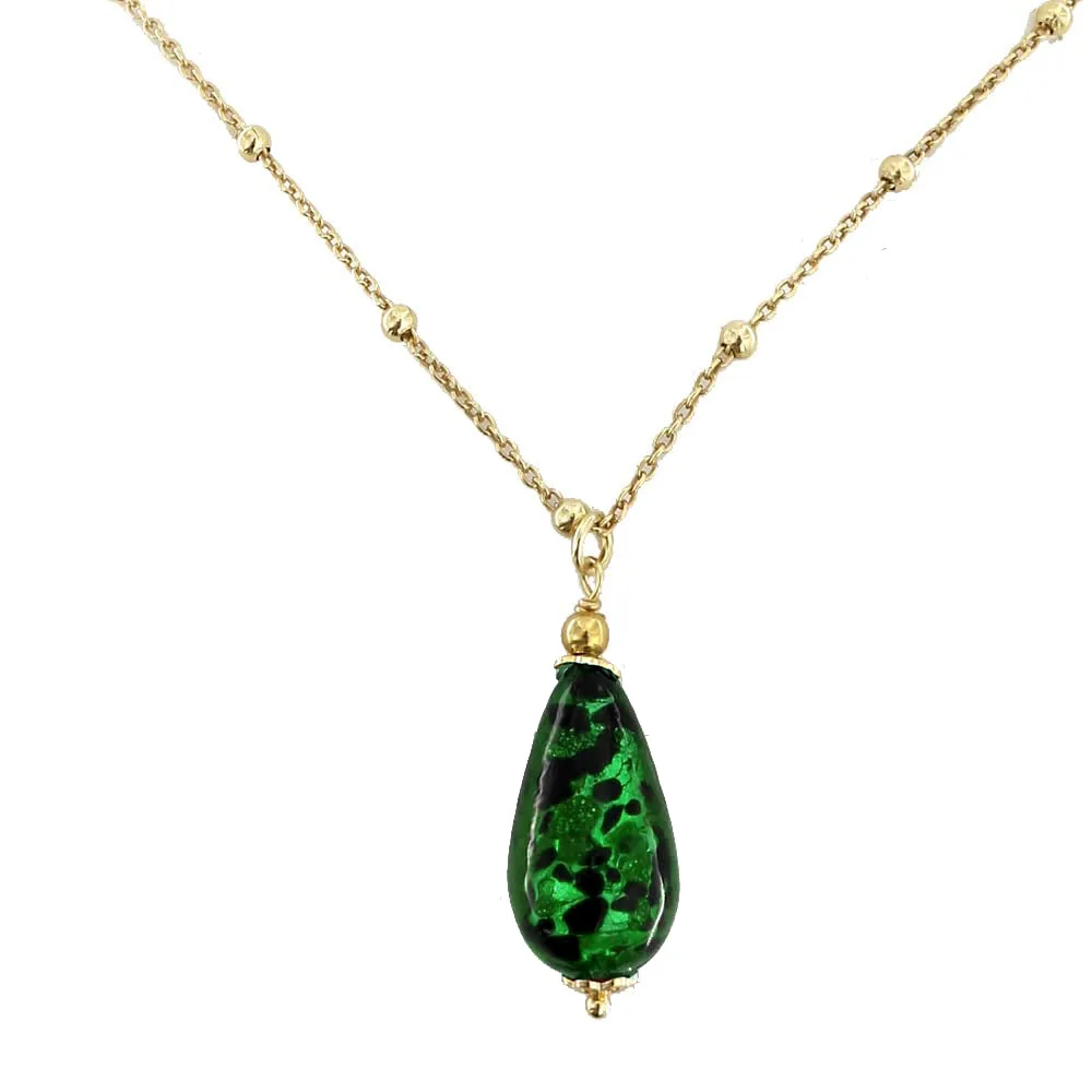 Collana con Pendente a Goccia in Vetro di Murano Verde e Argento 925