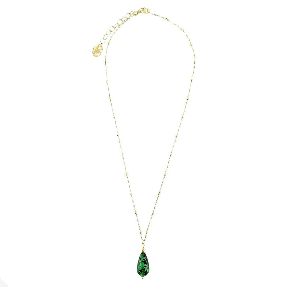 Collana con Pendente a Goccia in Vetro di Murano Verde e Argento 925
