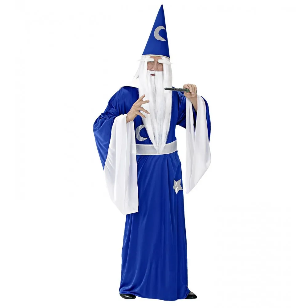 Costume da Mago Merlino Blu e Bianco, Uomo, Taglia L