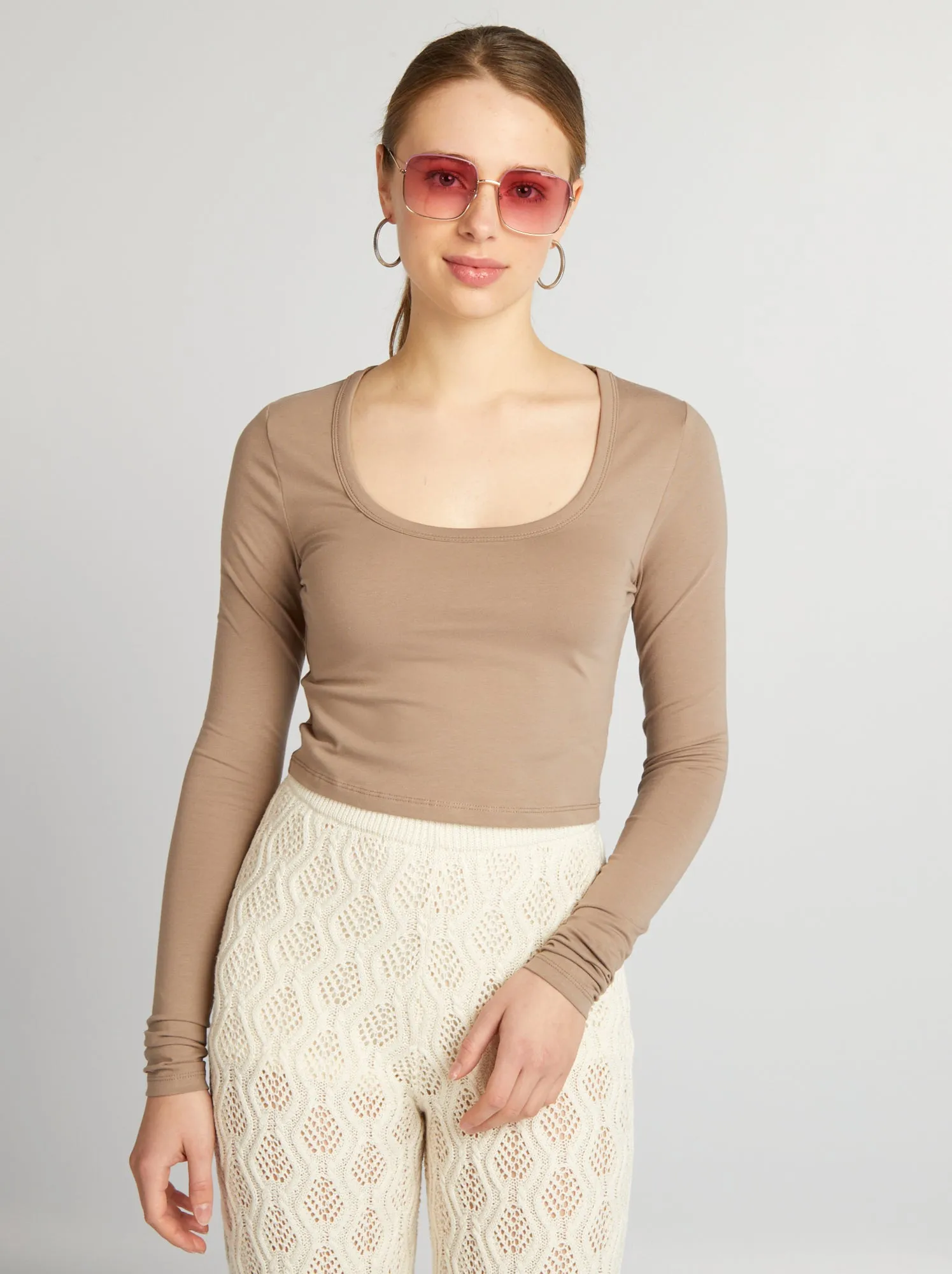 Crop-top a maniche lunghe - BEIGE
