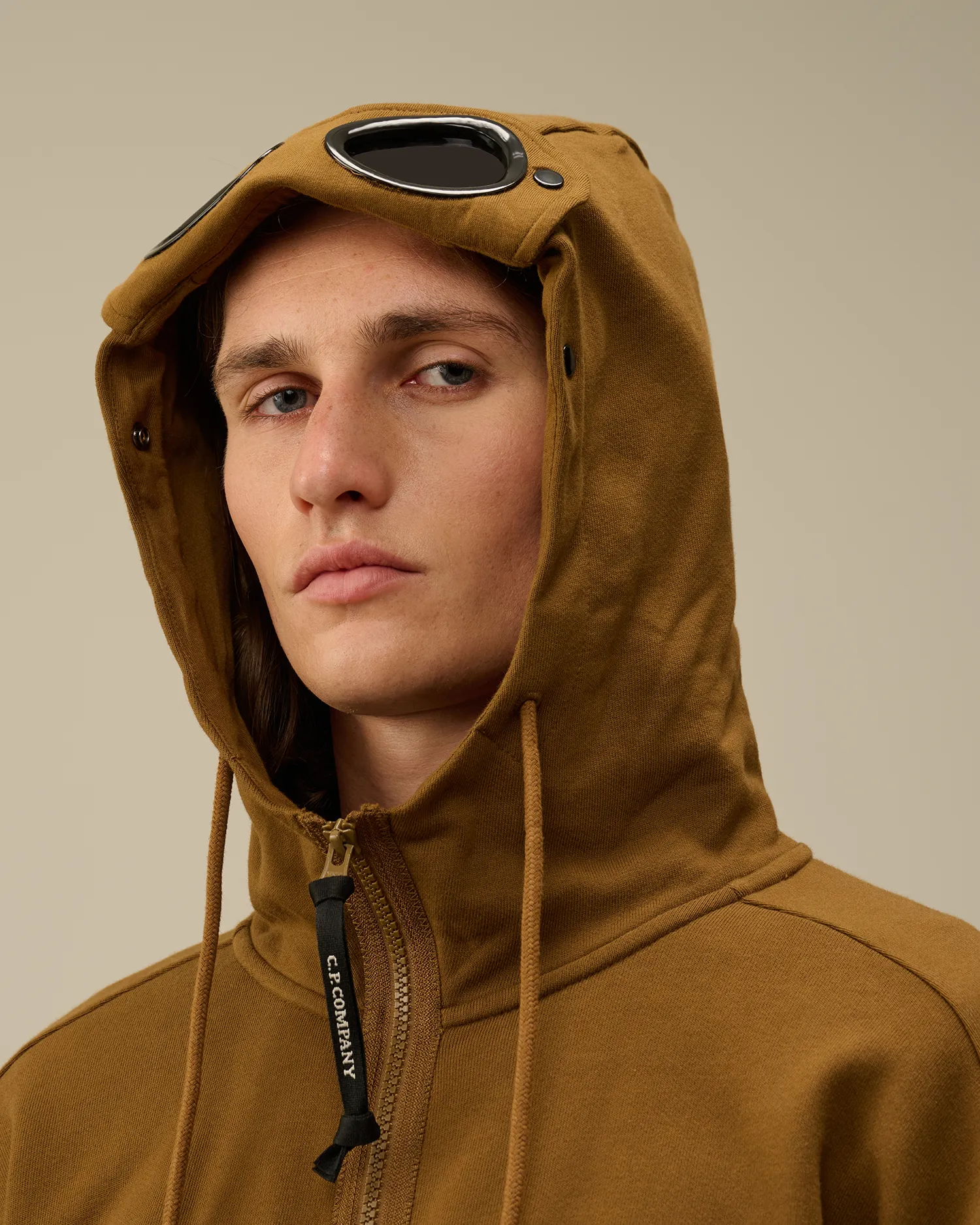Diagonal Raised Fleece Goggle Zipped Hooded Sweatshirt