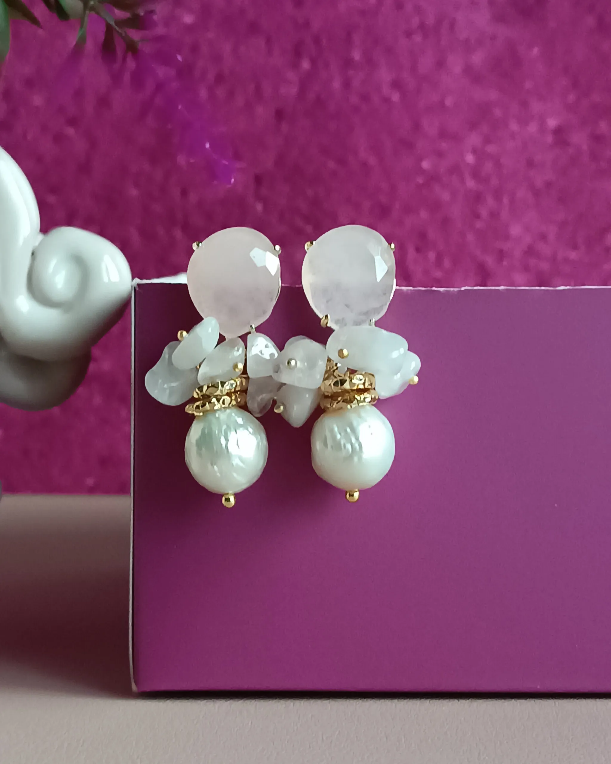 Drop Earrings with Baroque Pearls and Rose Chrysoberyl