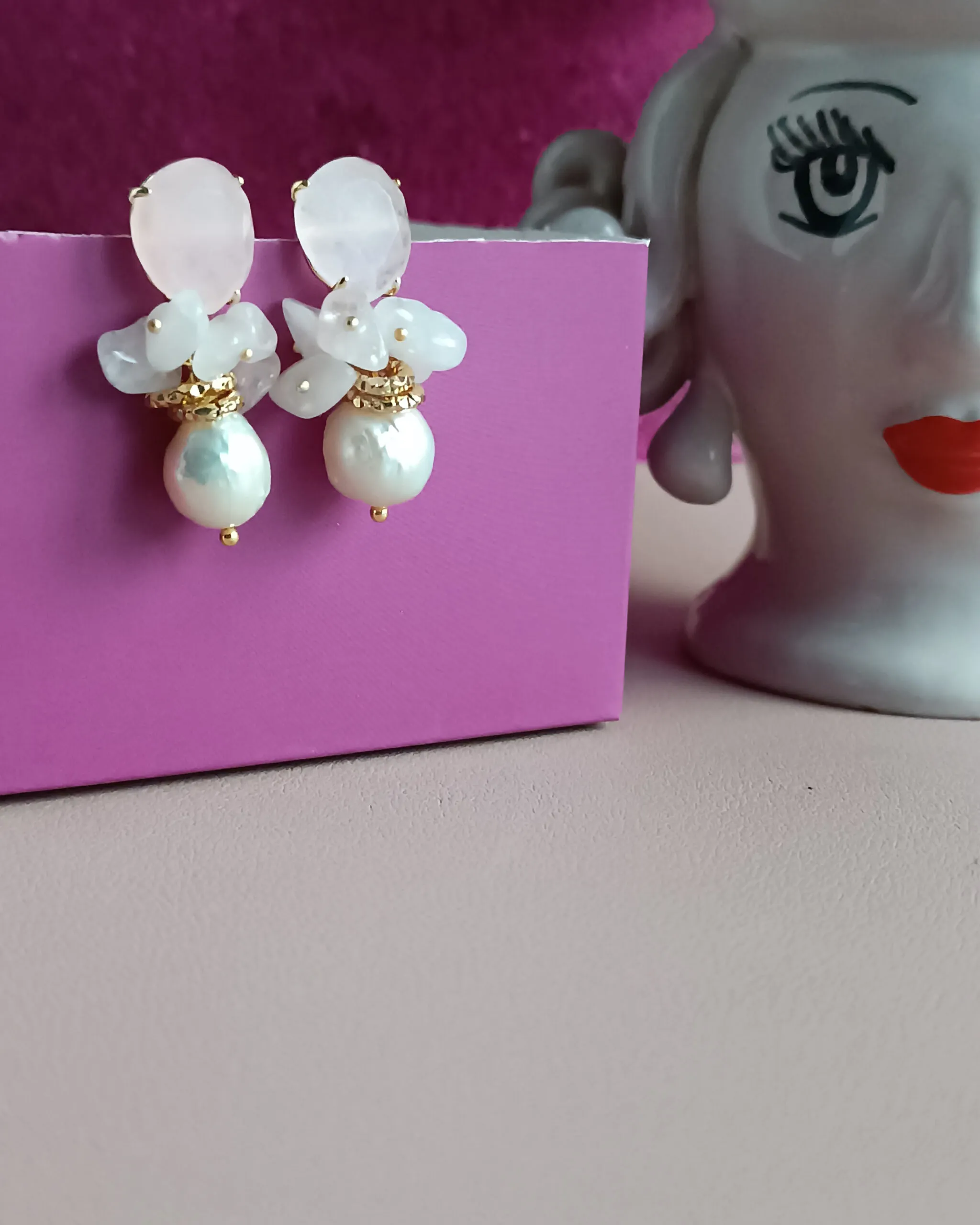 Drop Earrings with Baroque Pearls and Rose Chrysoberyl