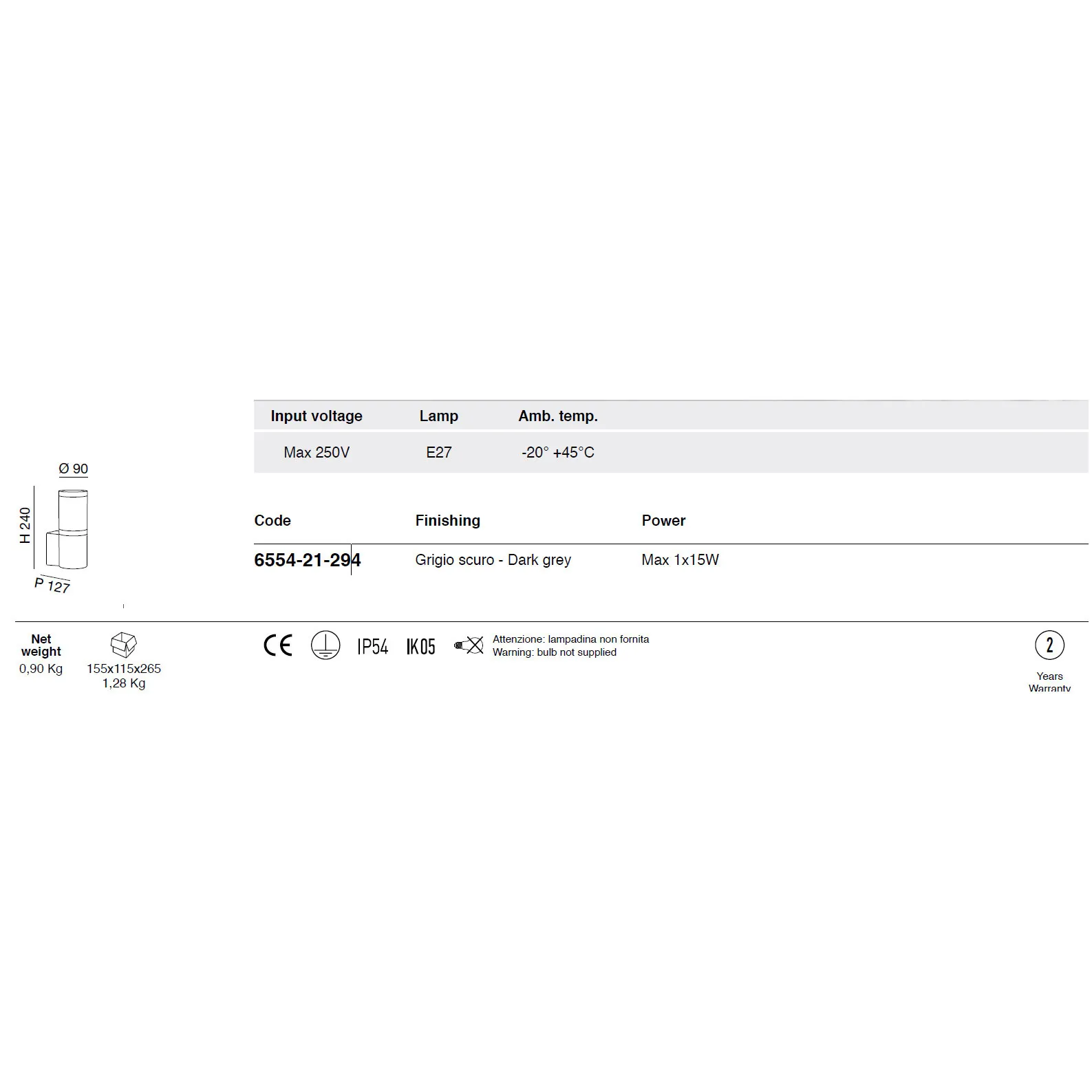 Fabas Luce  Applique da parete da esterno cilindrica con portalampada E27 Gorla - 15W
