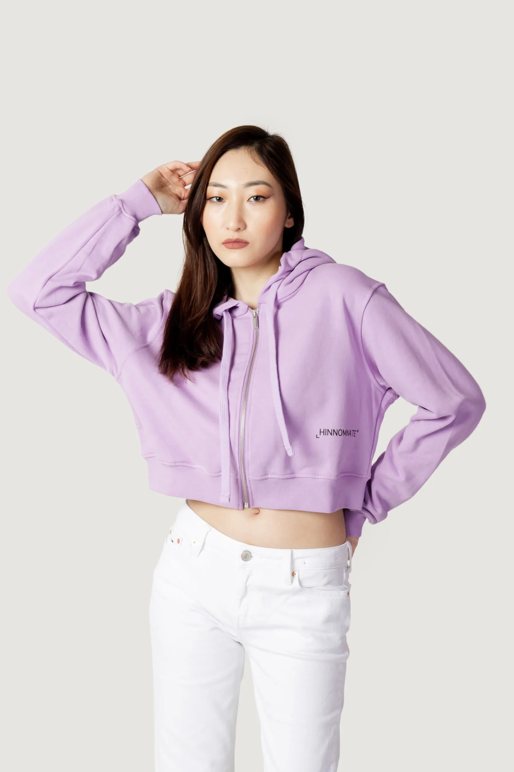 Felpa con cappuccio Hinnominate tinta unita cropped con zip Lilla