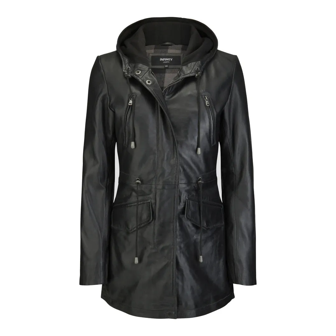 Giacca Parka da Donna in Vera Pelle stile Peacoat con Cappuccio Lunga 3/4