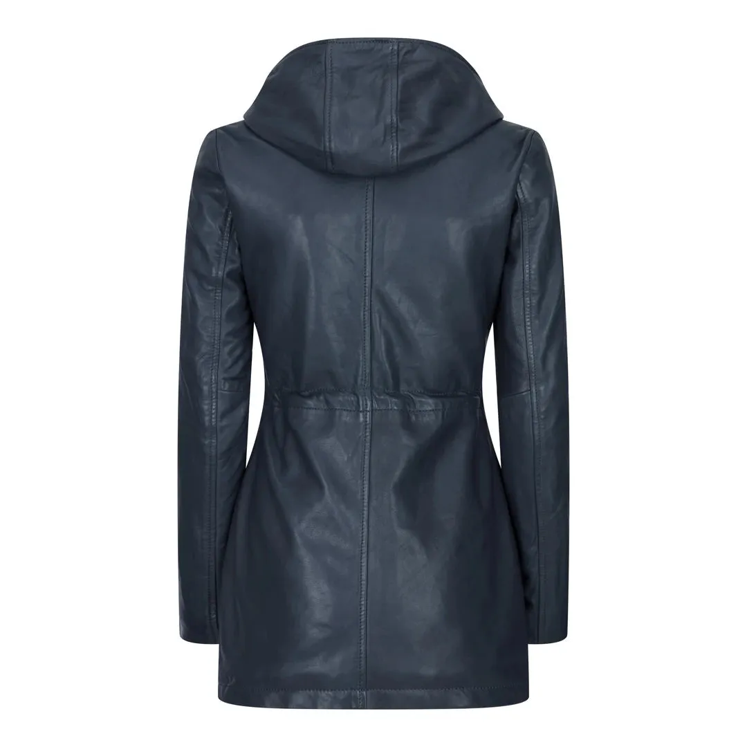Giacca Parka da Donna in Vera Pelle stile Peacoat con Cappuccio Lunga 3/4