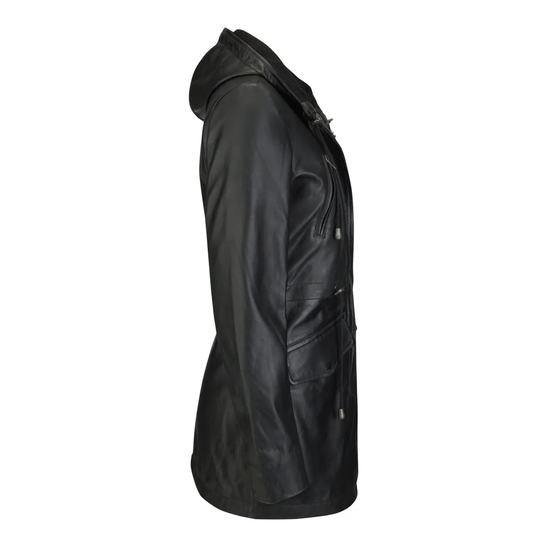 Giacca Parka da Donna in Vera Pelle stile Peacoat con Cappuccio Lunga 3/4