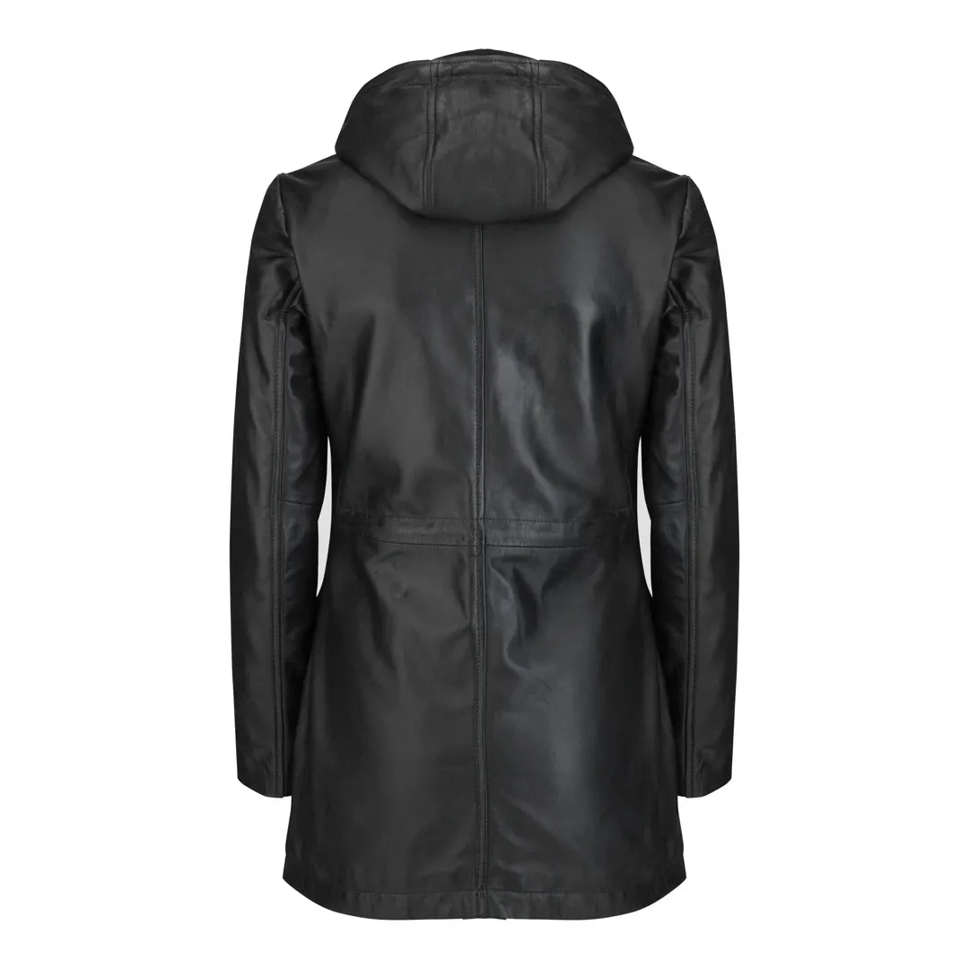 Giacca Parka da Donna in Vera Pelle stile Peacoat con Cappuccio Lunga 3/4