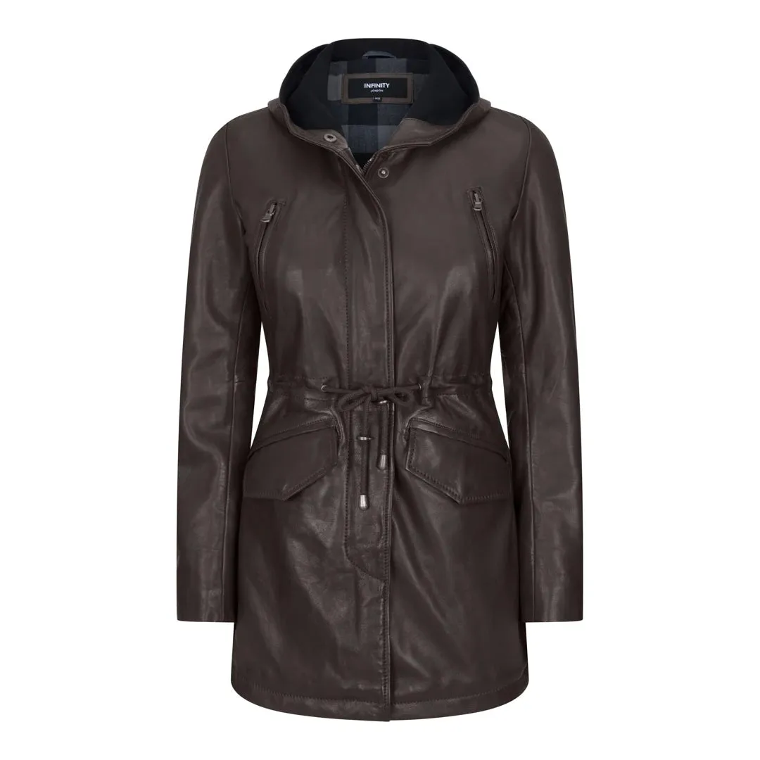 Giacca Parka da Donna in Vera Pelle stile Peacoat con Cappuccio Lunga 3/4