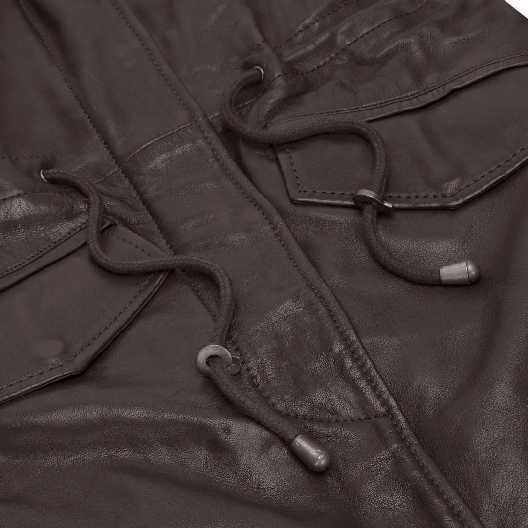 Giacca Parka da Donna in Vera Pelle stile Peacoat con Cappuccio Lunga 3/4