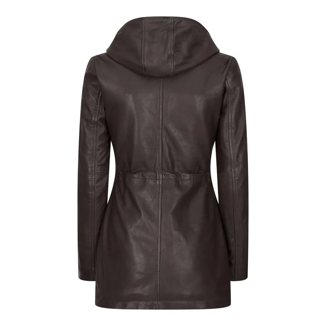 Giacca Parka da Donna in Vera Pelle stile Peacoat con Cappuccio Lunga 3/4