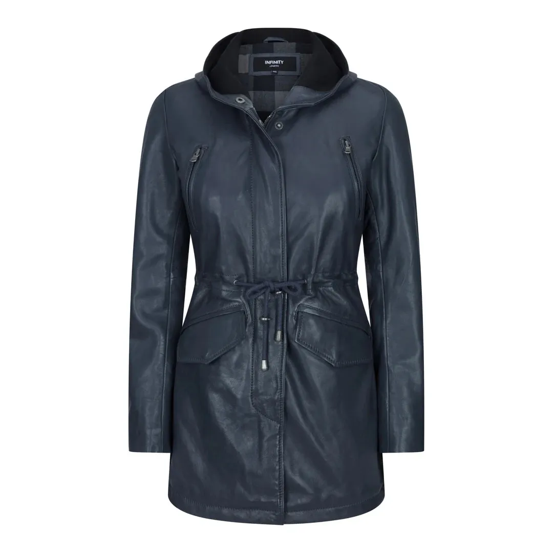Giacca Parka da Donna in Vera Pelle stile Peacoat con Cappuccio Lunga 3/4