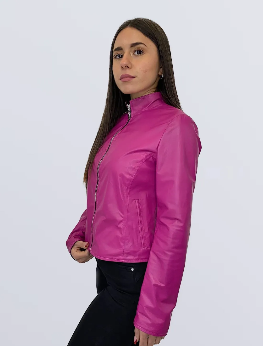 GIUBBINO DONNA REVERSIBILE PELLE FUCSIA + TESSUTO MOD. SARA