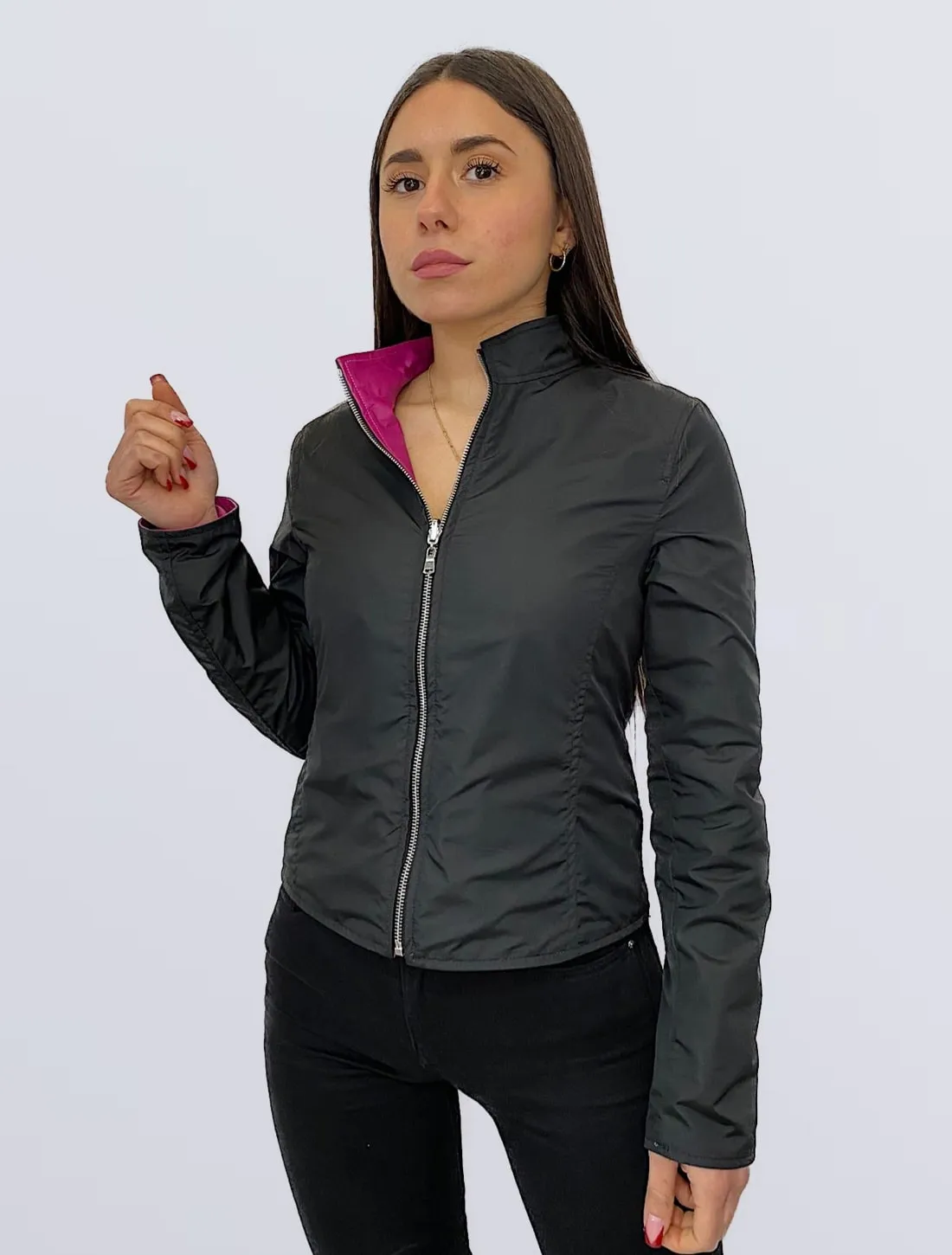 GIUBBINO DONNA REVERSIBILE PELLE FUCSIA + TESSUTO MOD. SARA