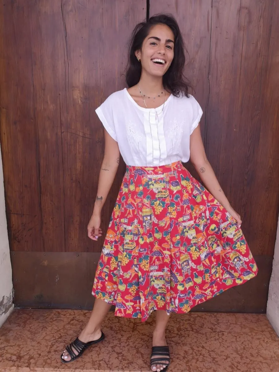 Gonna anni ’50 stampa divertente in cotone e lino