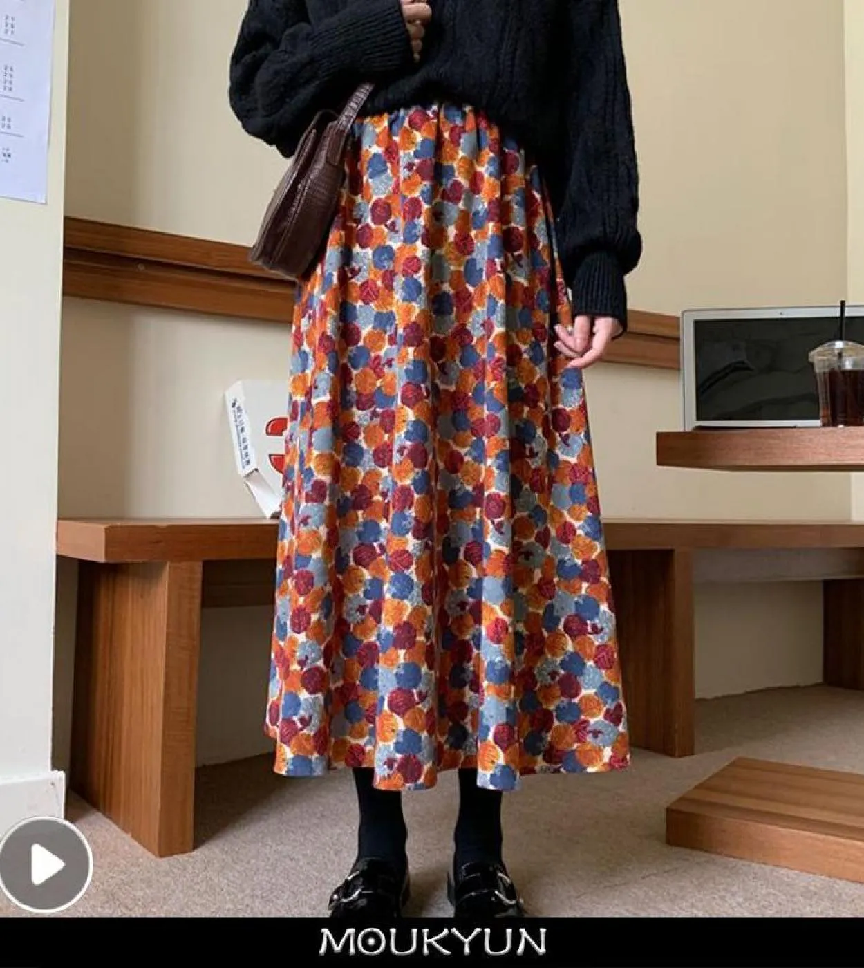 Gonna da donna in velluto a coste floreale Moukyun Gonne midi in vita morbida ed elastica casual retrò eleganti tutte abbinate a