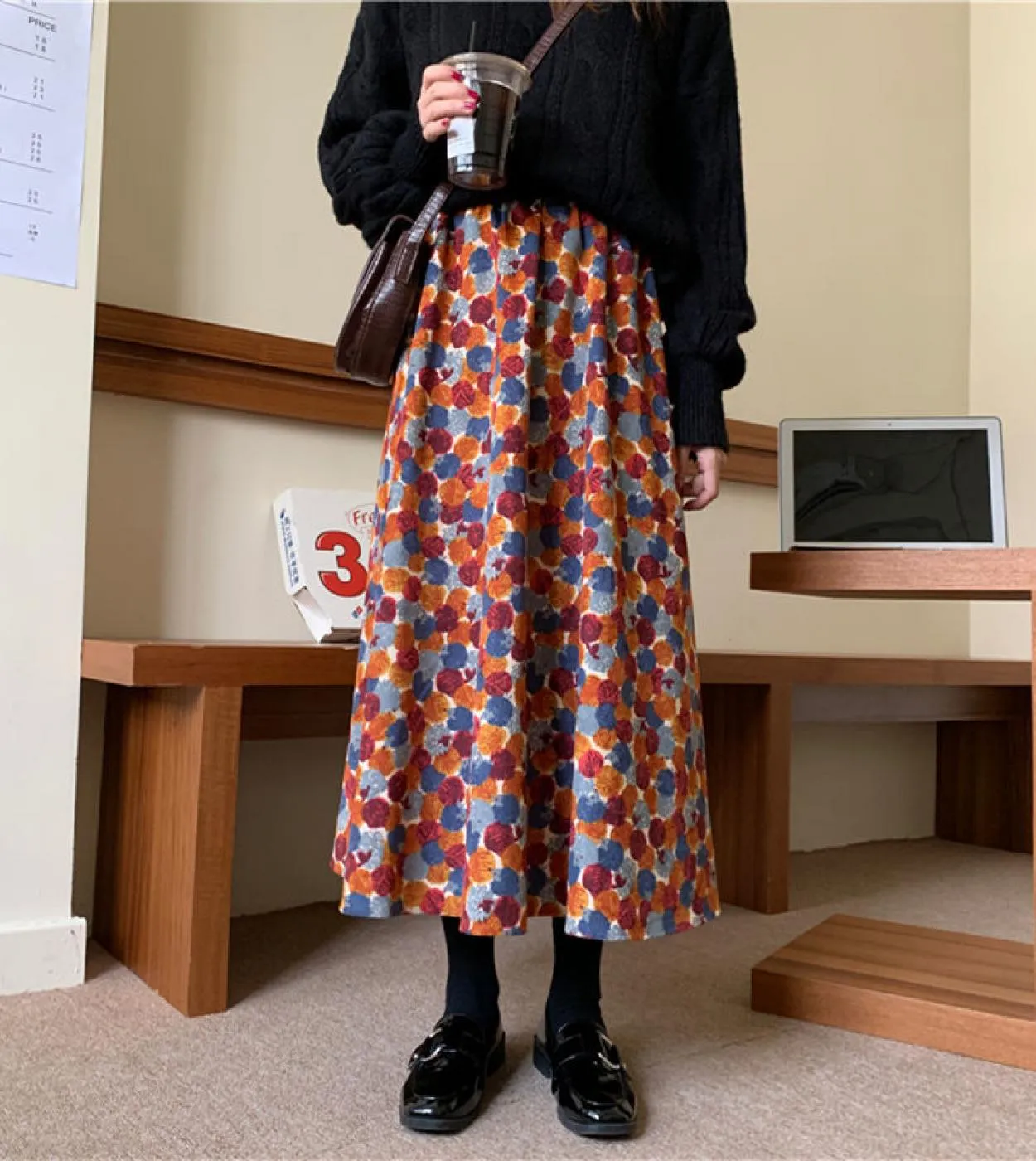 Gonna da donna in velluto a coste floreale Moukyun Gonne midi in vita morbida ed elastica casual retrò eleganti tutte abbinate a