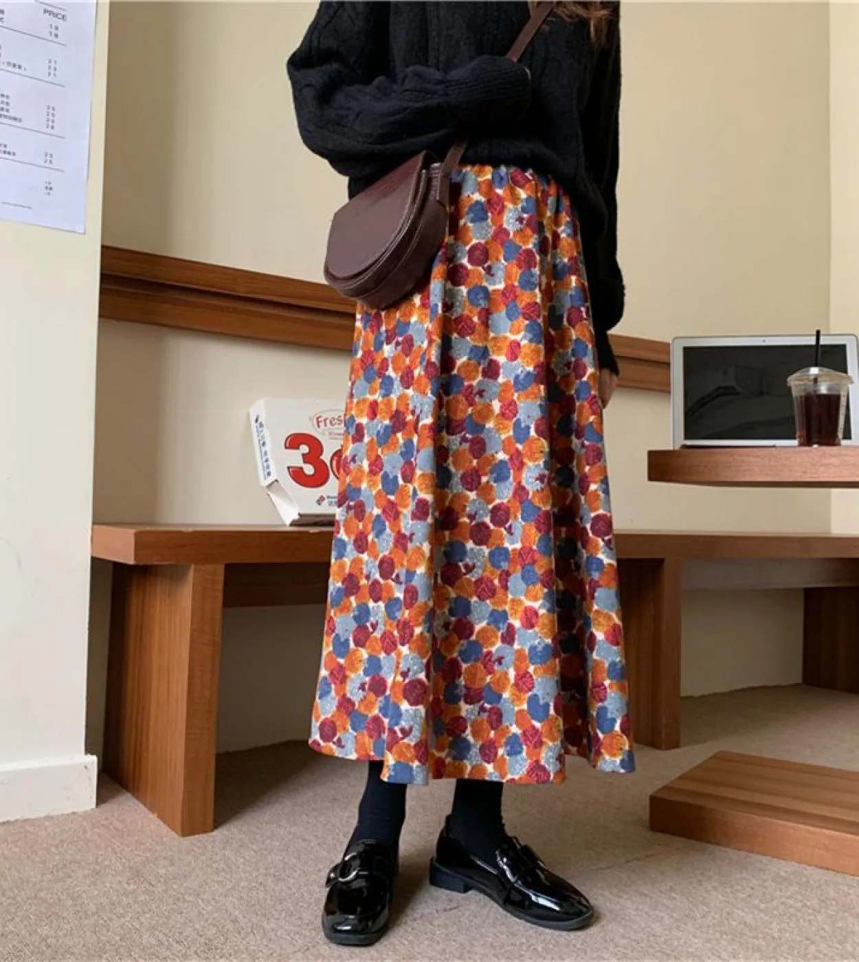 Gonna da donna in velluto a coste floreale Moukyun Gonne midi in vita morbida ed elastica casual retrò eleganti tutte abbinate a