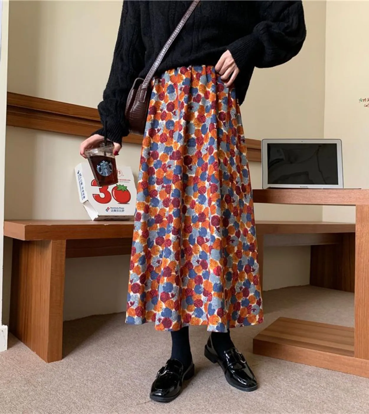 Gonna da donna in velluto a coste floreale Moukyun Gonne midi in vita morbida ed elastica casual retrò eleganti tutte abbinate a