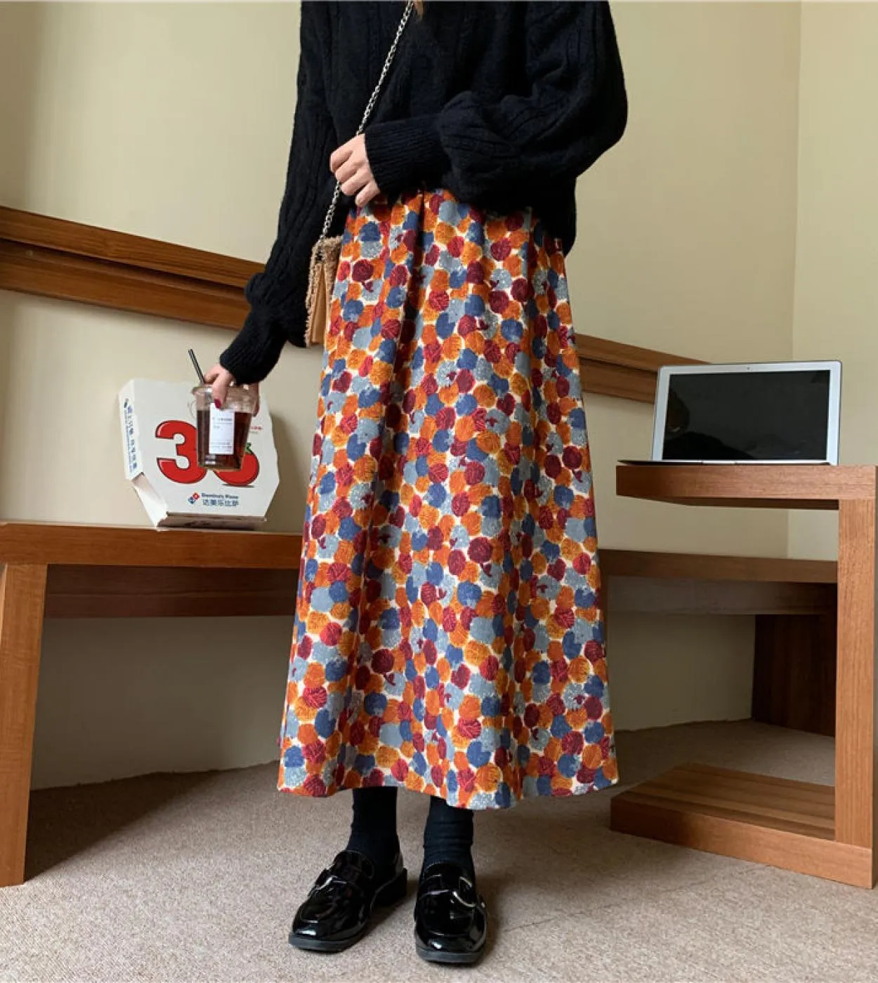 Gonna da donna in velluto a coste floreale Moukyun Gonne midi in vita morbida ed elastica casual retrò eleganti tutte abbinate a