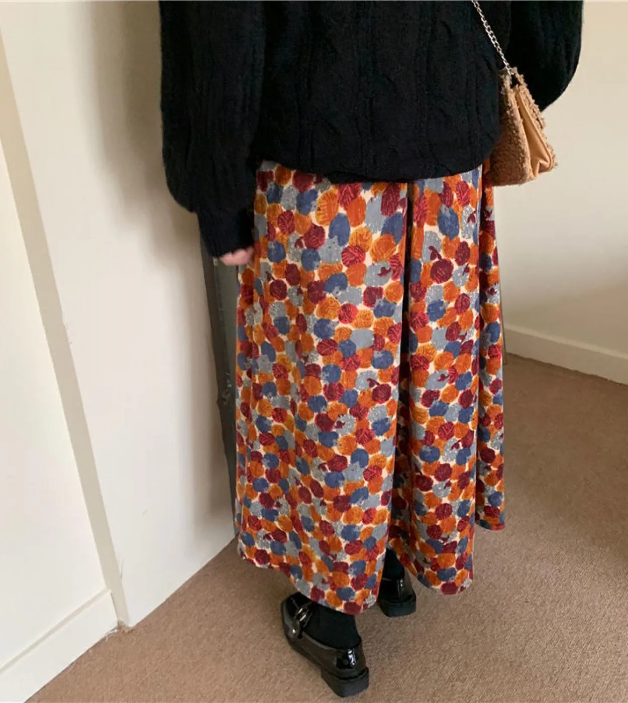 Gonna da donna in velluto a coste floreale Moukyun Gonne midi in vita morbida ed elastica casual retrò eleganti tutte abbinate a