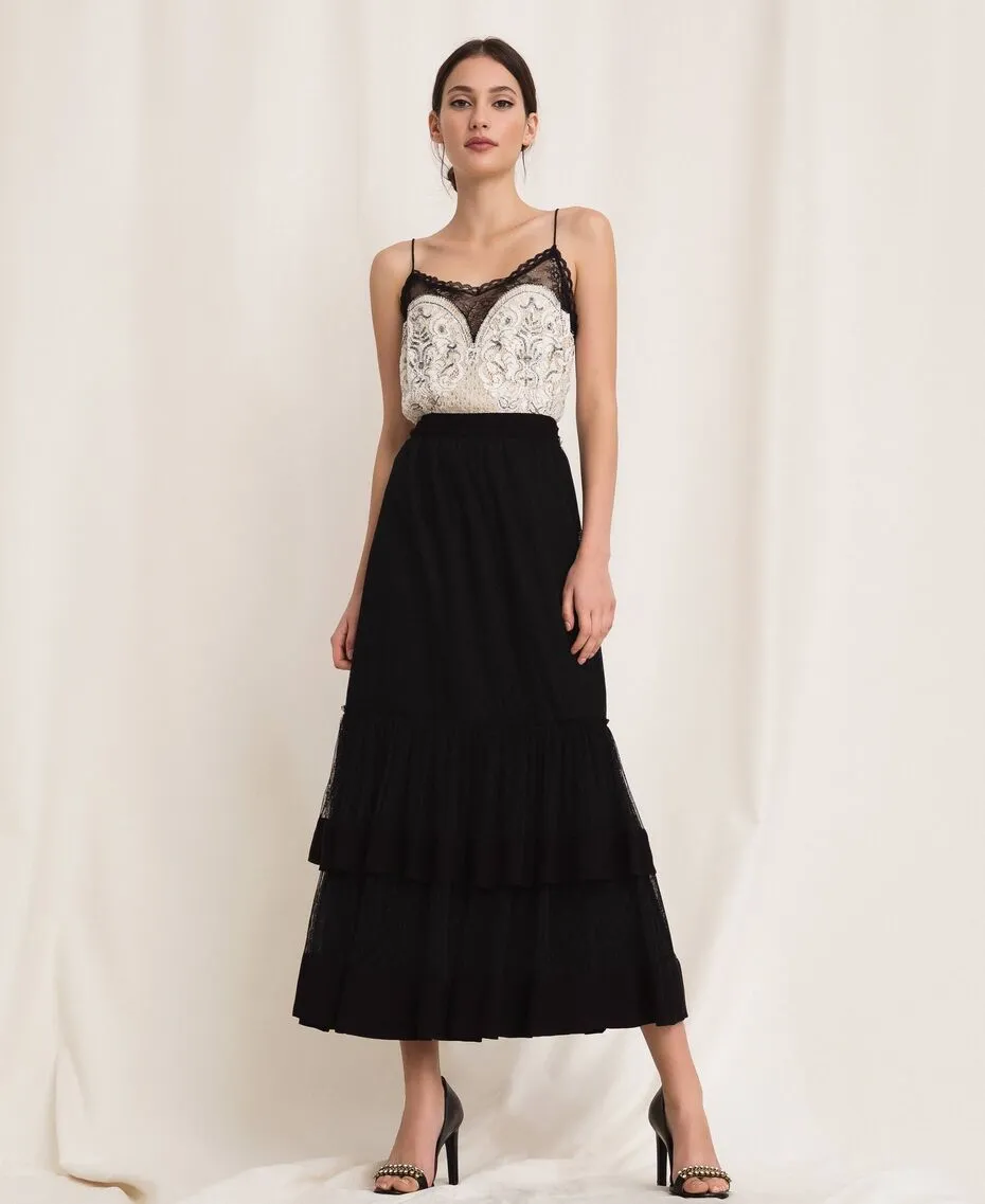 Gonna in crepe de chine e tulle plumetis