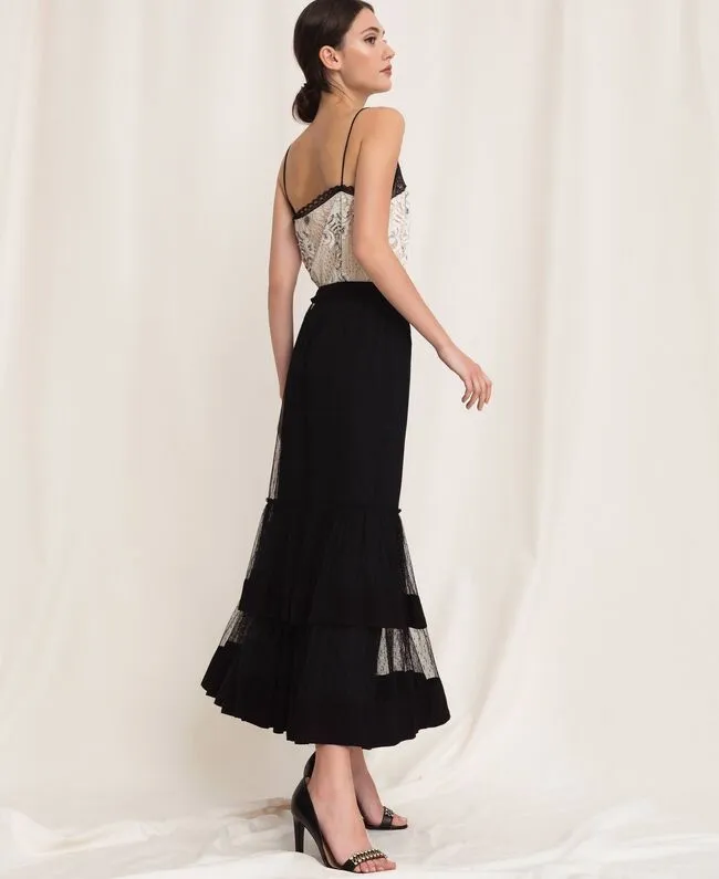 Gonna in crepe de chine e tulle plumetis