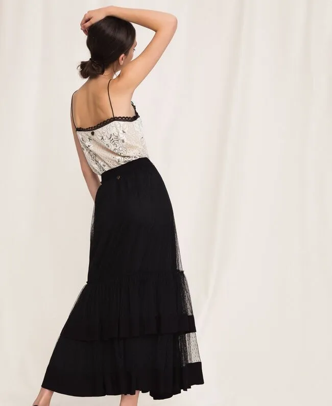 Gonna in crepe de chine e tulle plumetis