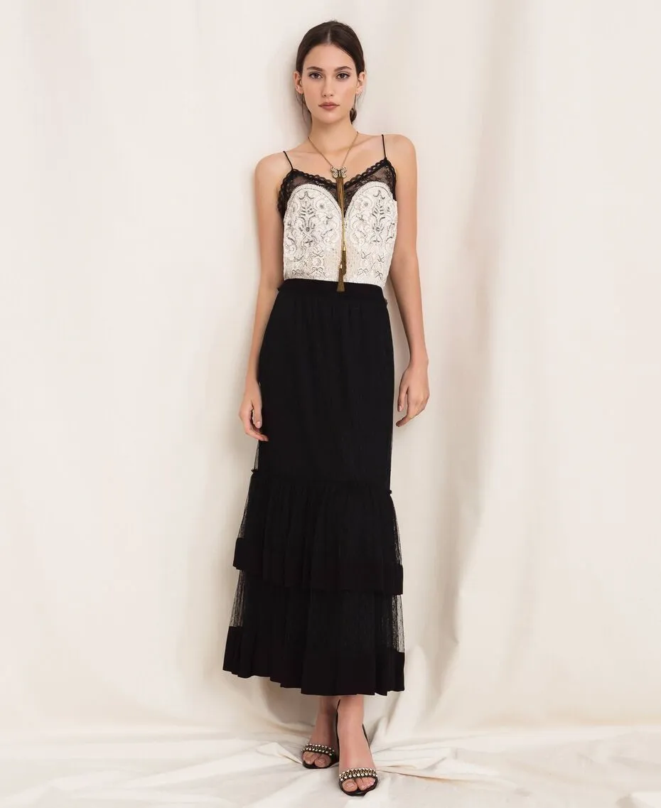 Gonna in crepe de chine e tulle plumetis
