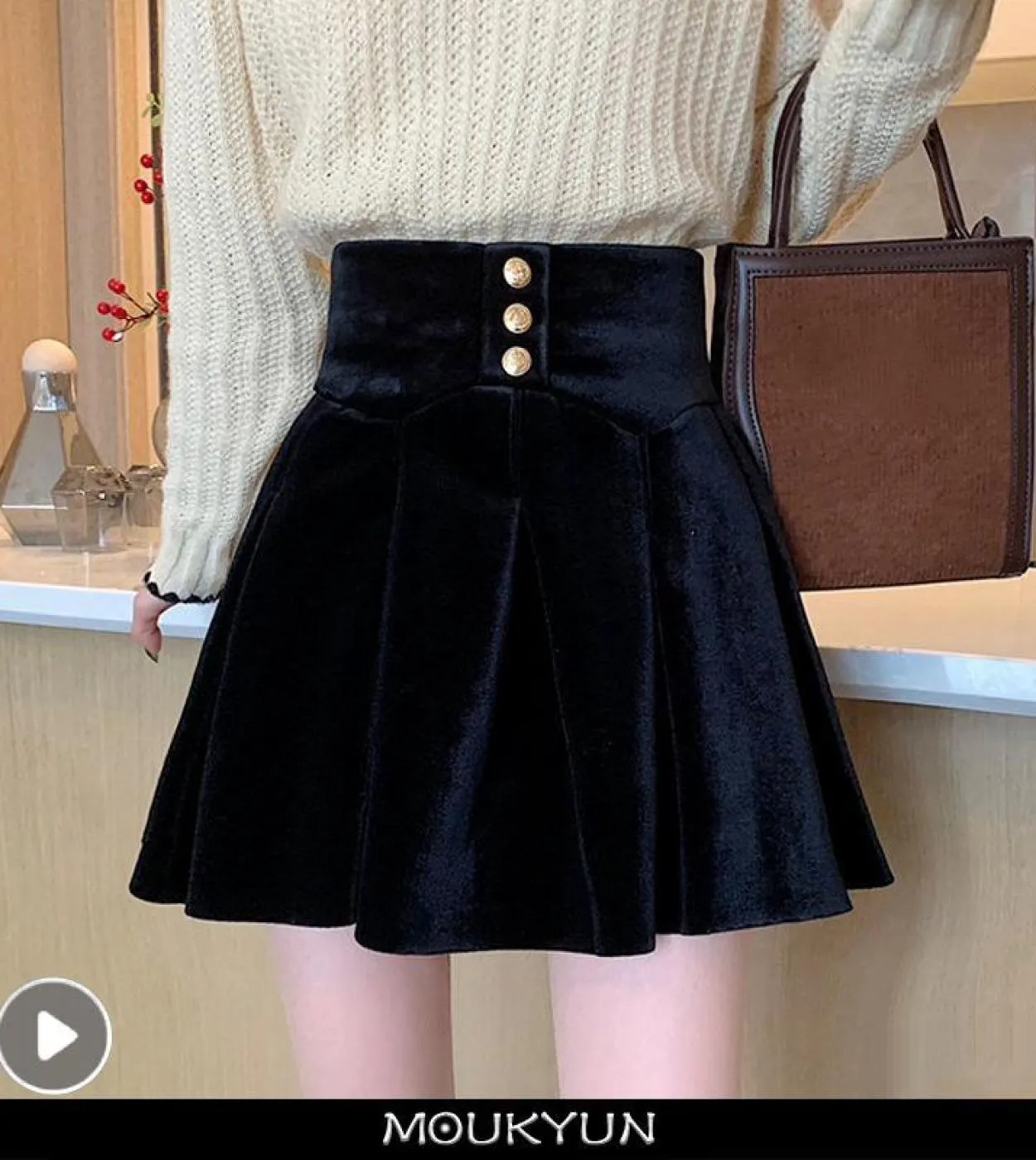 Gonne a pieghe in velluto dorato Moukyun Autunno Vita alta da donna  Gonna casual Kawaii Za Donna Minigonna nera A Line