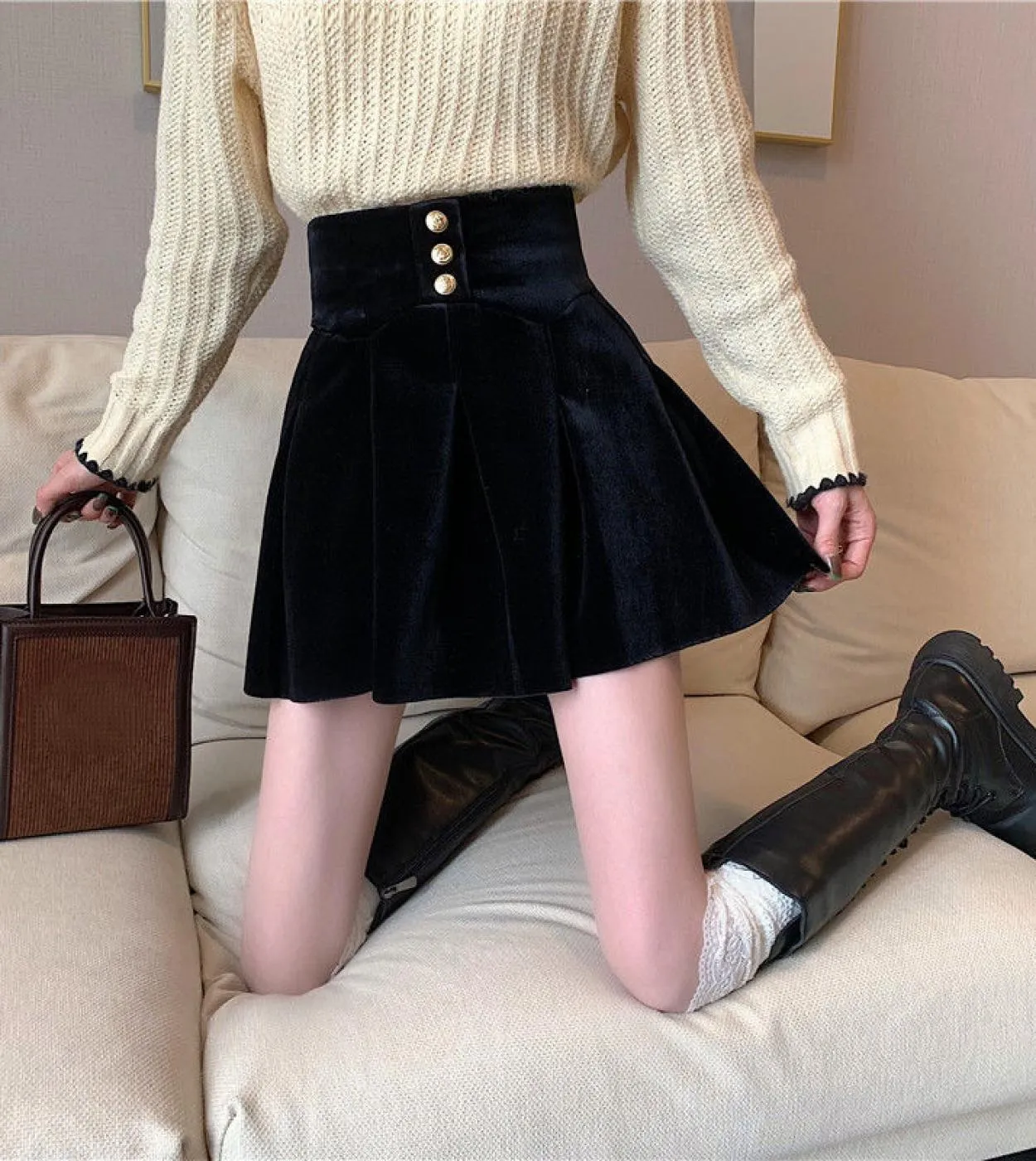 Gonne a pieghe in velluto dorato Moukyun Autunno Vita alta da donna  Gonna casual Kawaii Za Donna Minigonna nera A Line