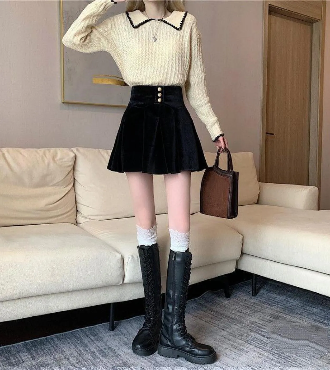 Gonne a pieghe in velluto dorato Moukyun Autunno Vita alta da donna  Gonna casual Kawaii Za Donna Minigonna nera A Line