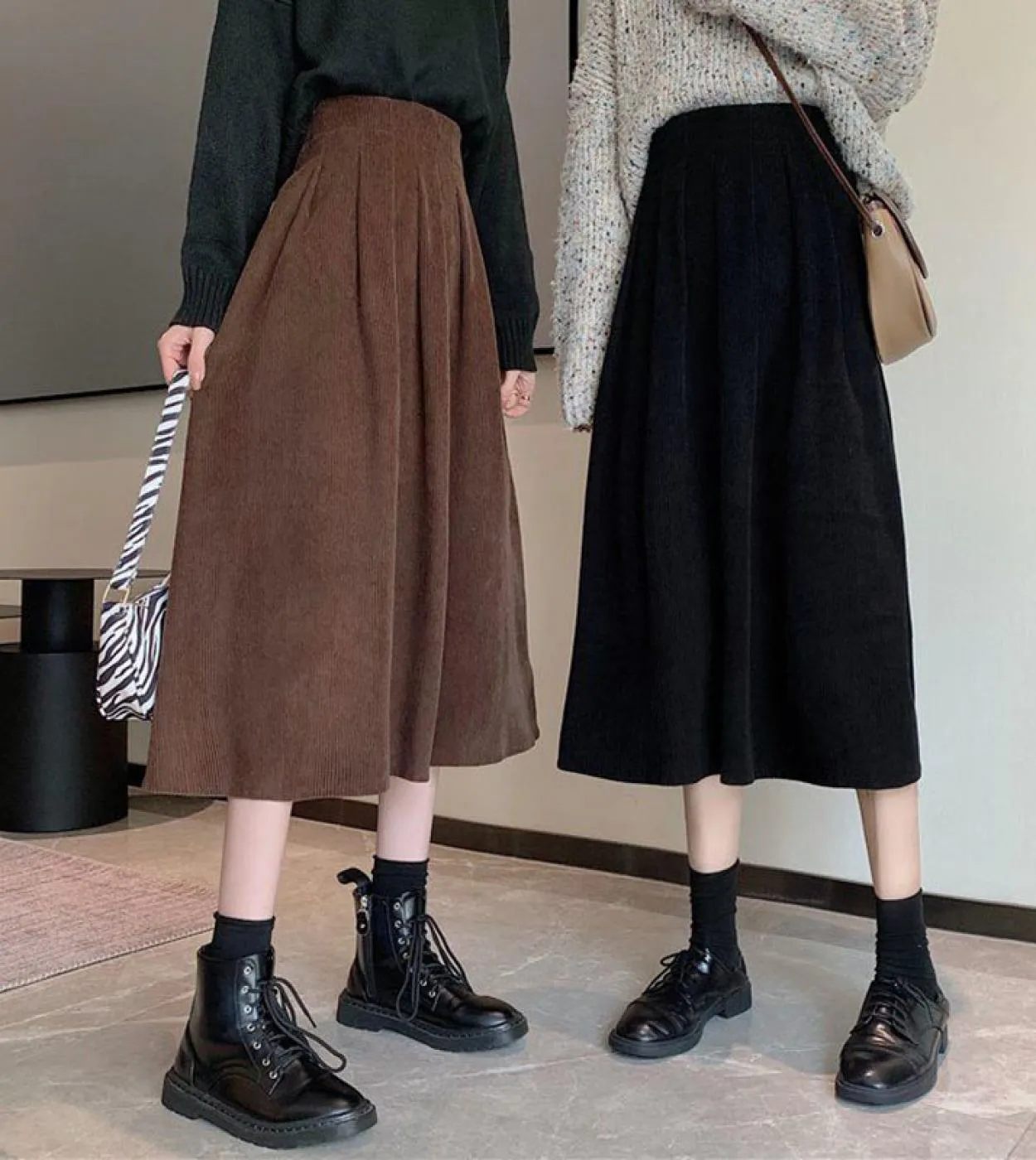 Gonne midi in velluto a coste da donna Vintage marrone nero a vita alta gonne lunghe donna 2023 moda autunno gonna a trapezio