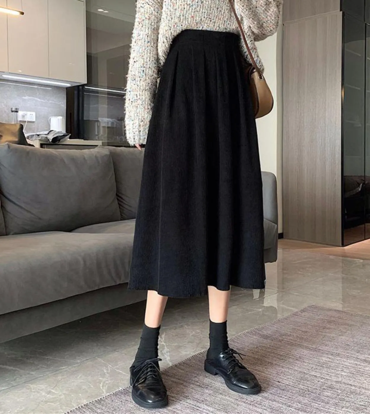 Gonne midi in velluto a coste da donna Vintage marrone nero a vita alta gonne lunghe donna 2023 moda autunno gonna a trapezio