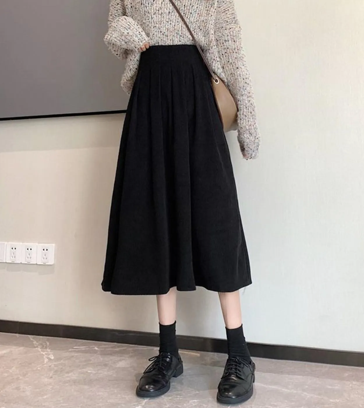 Gonne midi in velluto a coste da donna Vintage marrone nero a vita alta gonne lunghe donna 2023 moda autunno gonna a trapezio
