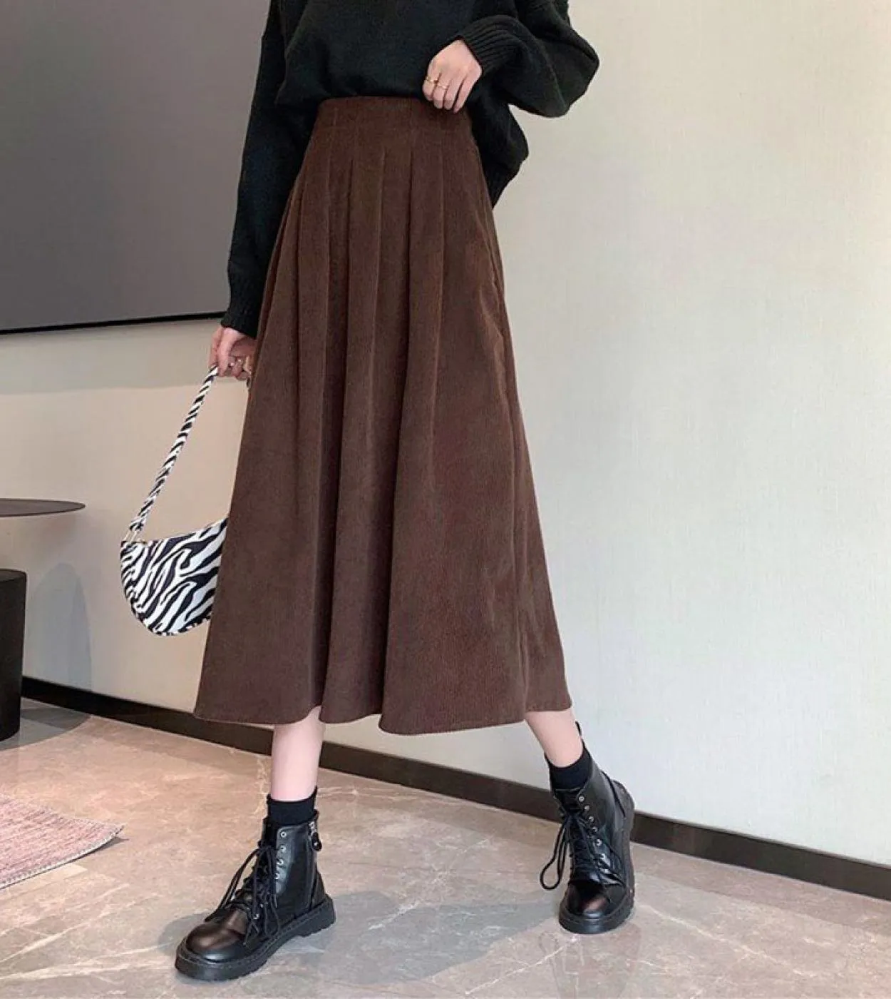 Gonne midi in velluto a coste da donna Vintage marrone nero a vita alta gonne lunghe donna 2023 moda autunno gonna a trapezio